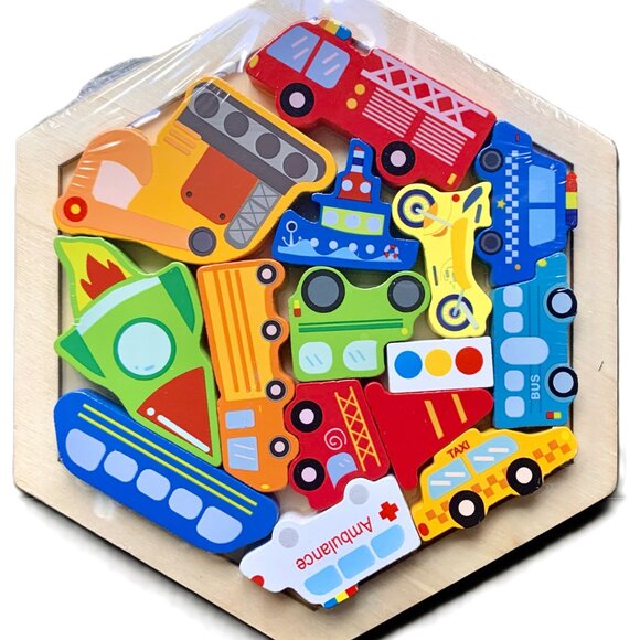 3+ Children's Early Learning Colorful Wood Puzzles Vehicles Animals Dinosaur New - Picture 2 of 7
